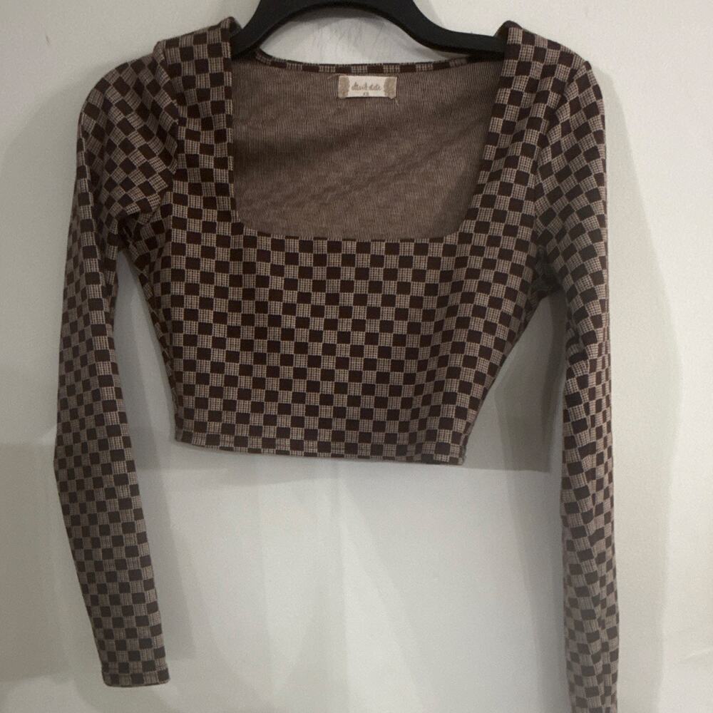 Altar’d State Women’s Brown Beige Check Square Neck Cropped Knit Top XS